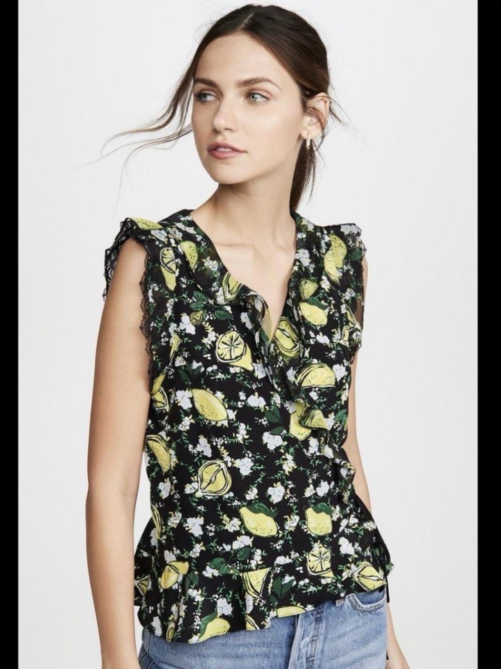 NWT DVF Sleeveless Lemon 🍋 Print Ruffle Top - Black/Yellow SZ Med